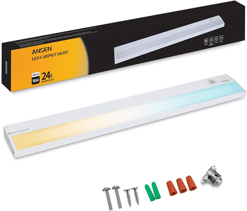 Ansen Hardwired Under Cabinet Lighting, 24in 18W LED Light for Kitchen/Closet, 1237lm, CRI>92, R9>90, 3 Color Temperature, Dimmable, 3000K/4000K/5000K(Warm White, Cool White, Daylight) - Image 1